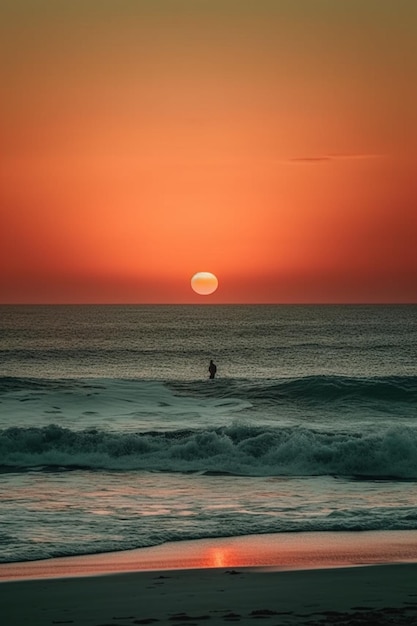 Un surfeur se tient dans l'eau au coucher du soleil.