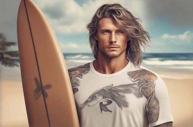 Photo un surfeur sexy avec une planche de surf sur la plage un bel athlète masculin avec un tatouage tenant une boîte de surf