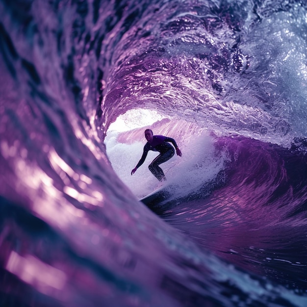 Un surfeur surfe sur une vague devant le soleil.