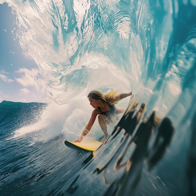 Photo un surfeur surfe sur une vague devant le soleil.