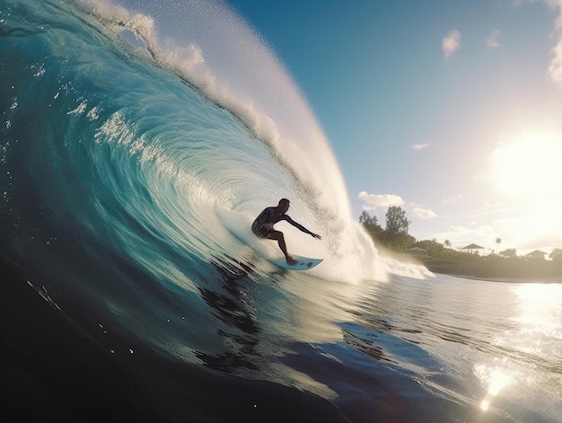 Un surfeur surfe sur une vague par une journée ensoleillée.