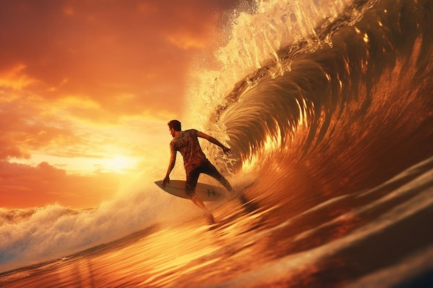 Surfeur sur une vague au coucher du soleil la magie de l'ai génératif