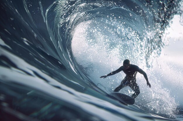 Photo surfeur sur une vague en baril avec spray et mousse ar