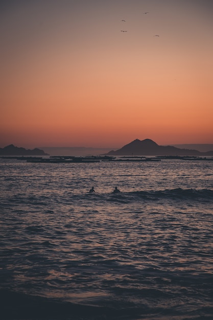 Surfeurs sur la mer sous un coucher de soleil