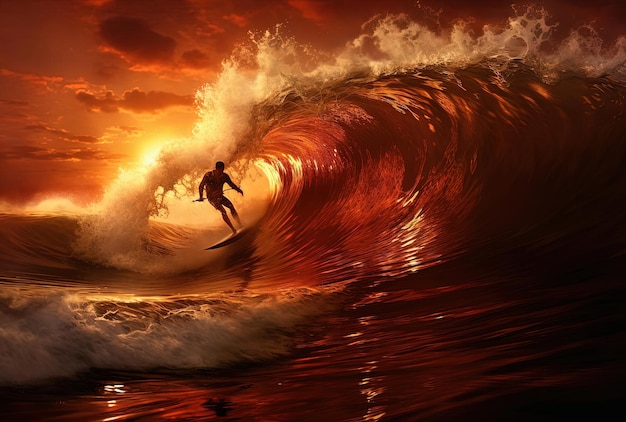 Surfeurs ondulent dans le coucher du soleil contre les vagues dans le style orange foncé et or clair