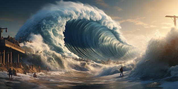 les surfeurs regardent une énorme vague s'écraser sur la plage IA générative