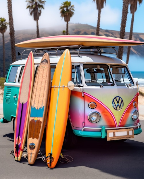les surfeurs se tiennent à côté d'une camionnette avec des planches de surf sur le toit IA générative