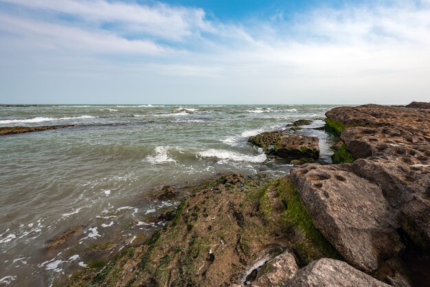 Surfez sur un paysage rocheux de la côte de la mer