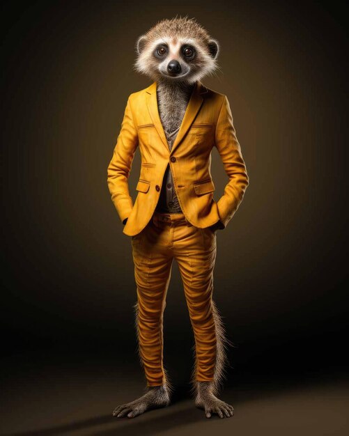 Photo suricate 3d en costume d'affaires avec un corps humain à la recherche de sérieux avec un fond de studio dramatique