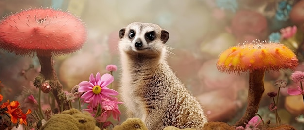 Une suricate dans un champ de fleurs