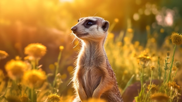 Un suricate est assis dans un champ de fleurs