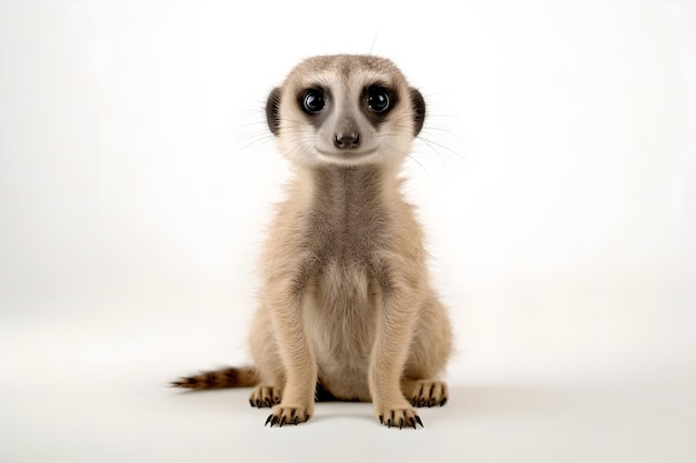 Un suricate est assis sur un fond blanc.