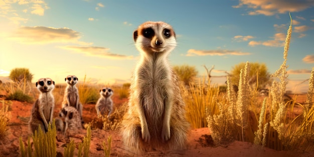 suricate magique veillant sur sa famille dans le désert du Kalahari