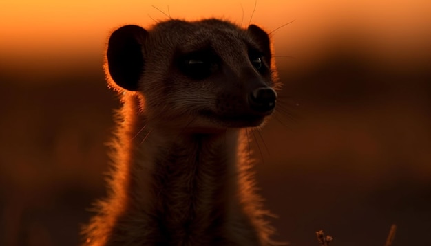 Suricate mignon debout dans le désert africain regardant le coucher du soleil généré par l'IA