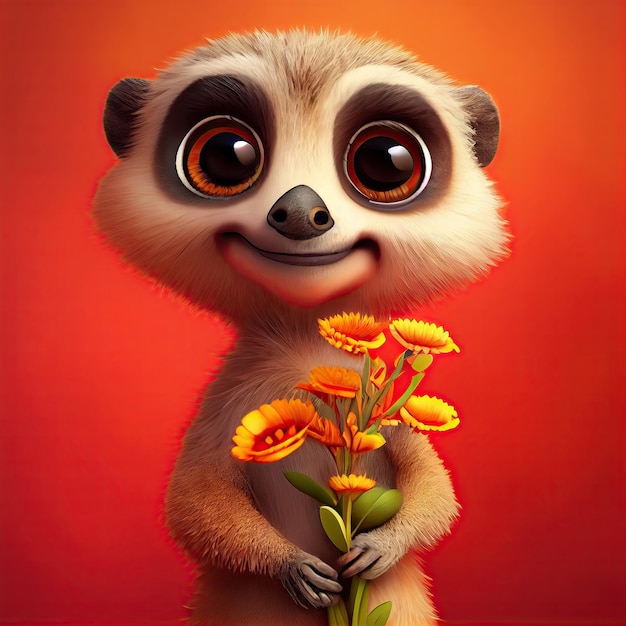 Suricate mignon souriant tenant un bouquet dans une fleur colorée isoler un fond chaud