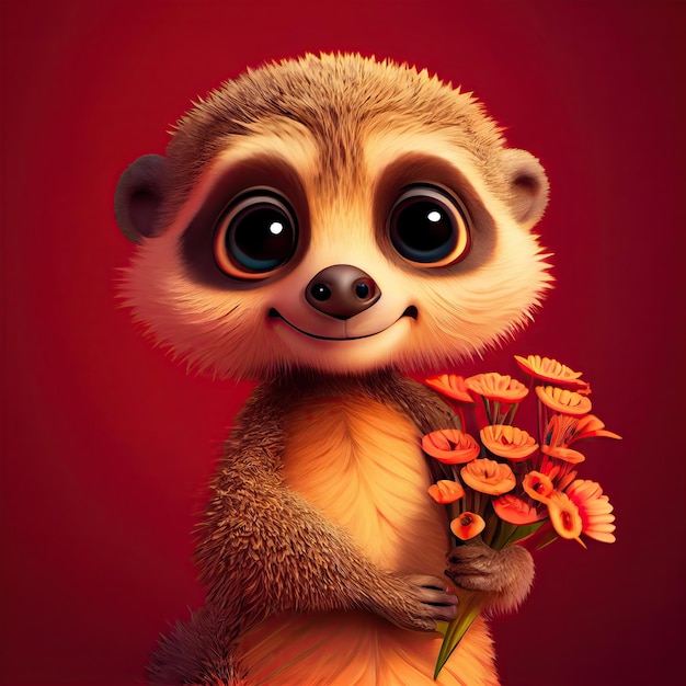 Suricate mignon souriant tenant un bouquet dans une fleur colorée isoler un fond chaud