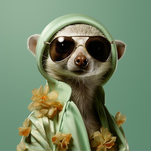 Photo suricate de mode avec robe colorée et lunettes de soleil art nft très élégant ai génératif