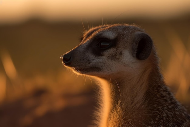 Un suricate regarde au loin au coucher du soleil