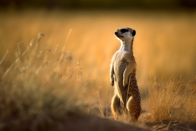 Un suricate se dresse dans un champ d'herbes hautes.