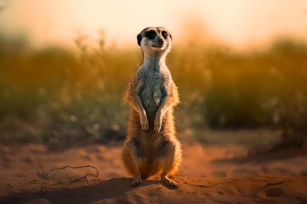 Un suricate se dresse sur ses pattes arrière dans le désert.