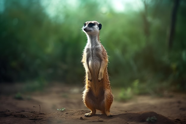 Un suricate se dresse sur ses pattes arrière dans une forêt.