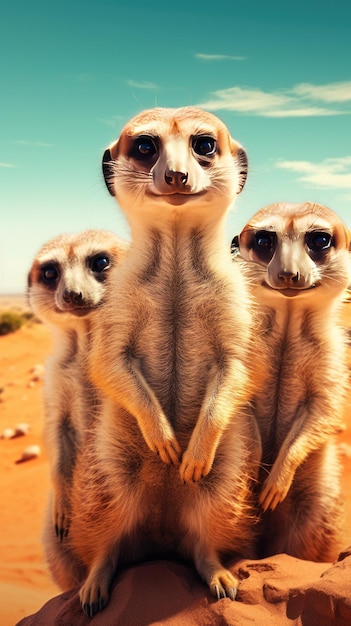 Photo des suricates curieuses debout dans le papier peint du désert pour le téléphone