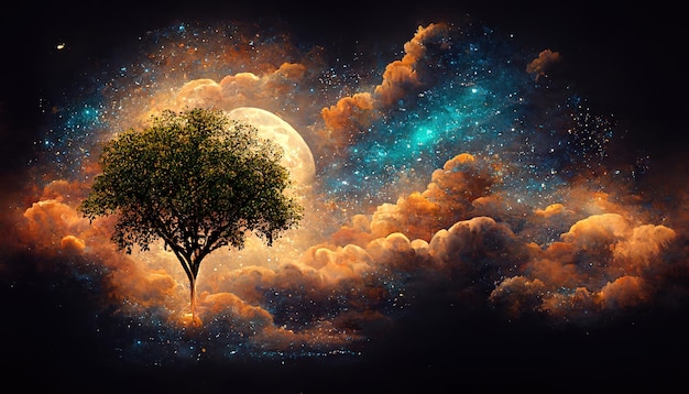 Surprenant L'arbre dans le ciel nocturne Illustration 3D Graphiques 3D Rendu 3D Ai générative colorée détaillée