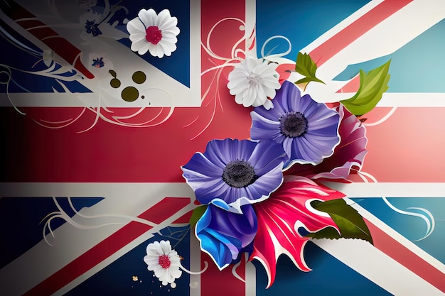 Surprenant fond de style britannique créatif avec des fleurs et drapeau du Royaume-Uni Royaume-Uni Generative Ai