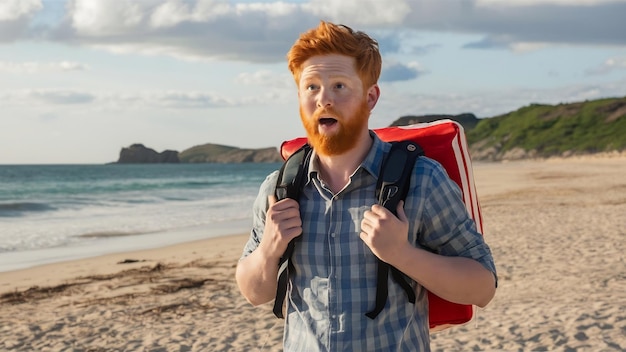 Photo surpris, un jeune vacancier aux cheveux roux et à la barbe arrive sur la plage avec de l'équipement de sécurité comme une boîte