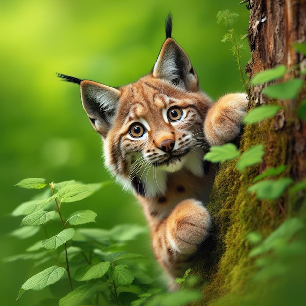 Surpris, le lynx regarde prudemment autour d'un coin sur un fond vert.