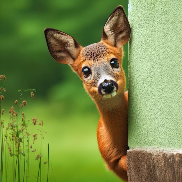 Photo surprised deer cautiously peeks around a corner against a green background