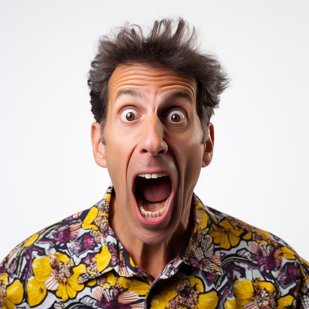 Photo surprised man making a funny face with a white background colorful