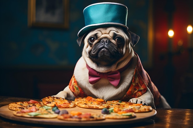 Surréalisme Chien en chapeau et cravate assis à table avec une pizza