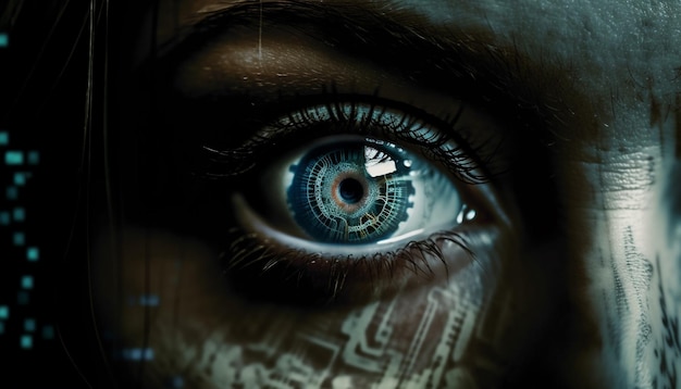 Surveillance cyborg Gros plan sur l'œil humain avec la technologie générée par l'IA