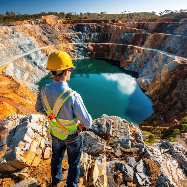 Surveillance de la mine de cuivre Un homme en chapeau dur supervise les opérations à ciel ouvert pour assurer la sécurité et l'efficacité de l'extraction des ressources.