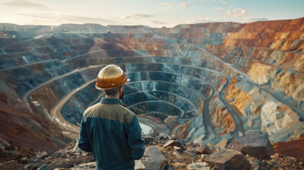 Surveillance de la mine de cuivre Un homme en chapeau dur supervise les opérations à ciel ouvert pour assurer la sécurité et l'efficacité de l'extraction des ressources.