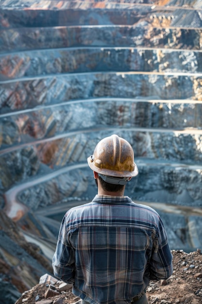 Surveillance de la mine de cuivre Un homme en chapeau dur supervise les opérations à ciel ouvert pour assurer la sécurité et l'efficacité de l'extraction des ressources.