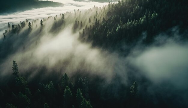 Survol d'une forêt brumeuse le matin