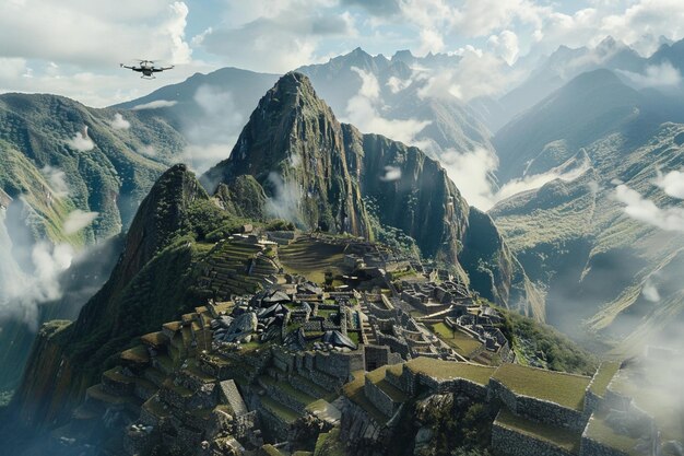 Photo survolez les anciennes merveilles du machu picchu comme un ai génératif