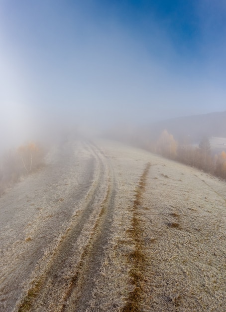 Survolez des paysages de collines sous une couche de nuages blancs et duveteux