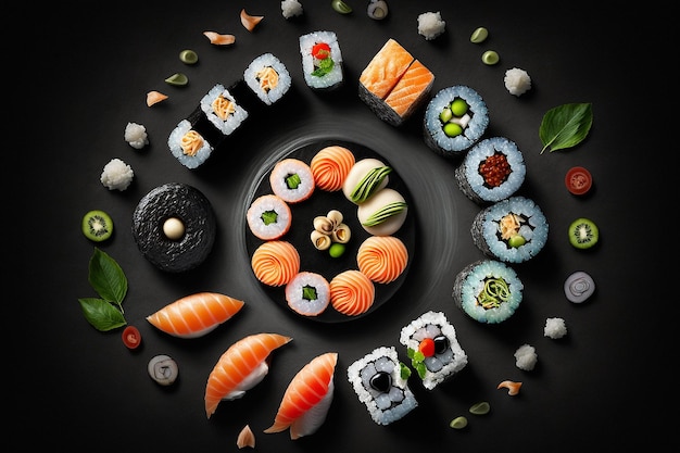 Sushi and rolls studio photo de produits fond noir foncé Generative AI