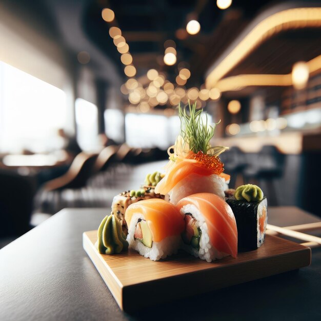 Photo sushi sur une assiette et des baguettes de cuisine japonaise