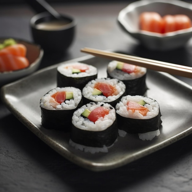 Sushi sur une assiette avec des baguettes