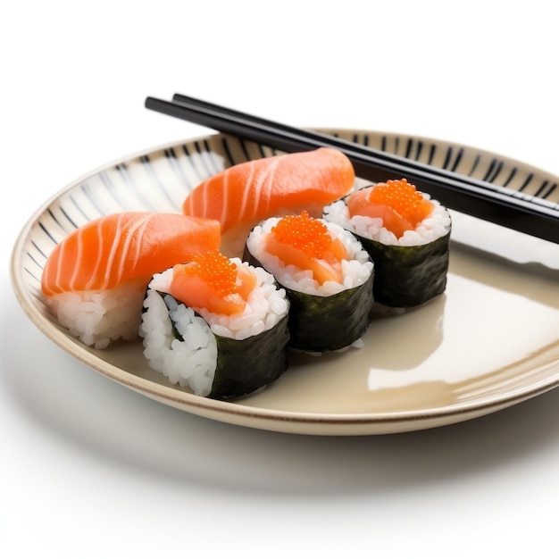 Sushi sur une assiette avec des baguettes