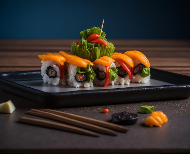 Sushi sur une assiette avec un bâton de sushi dessus