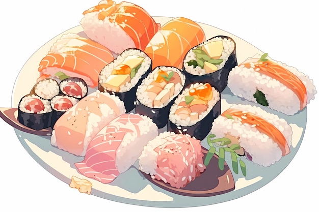 Sushi sur une assiette blanche style anime