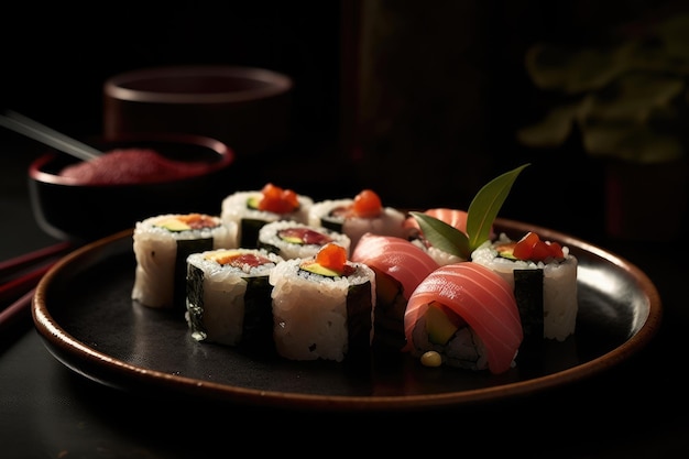 Sushi sur une assiette avec une bougie rouge en arrière-plan