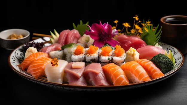 Photo sushi sur une assiette sur un fond sombre