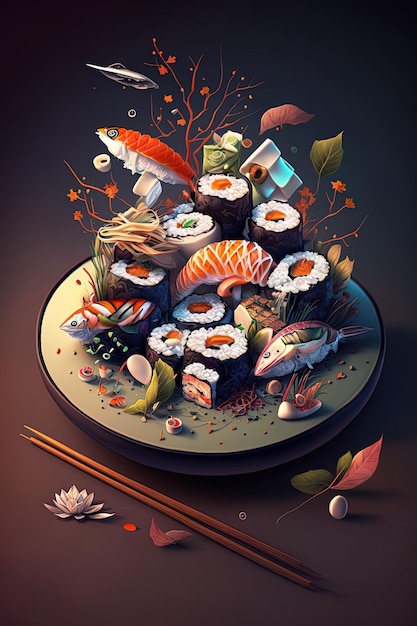 Sushi sur une assiette avec une photo de sushi dessus.