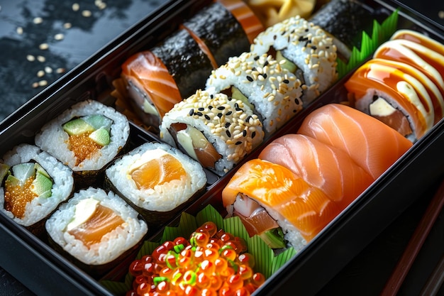 Sushi assorti et rouleaux dans un élégant plateau noir